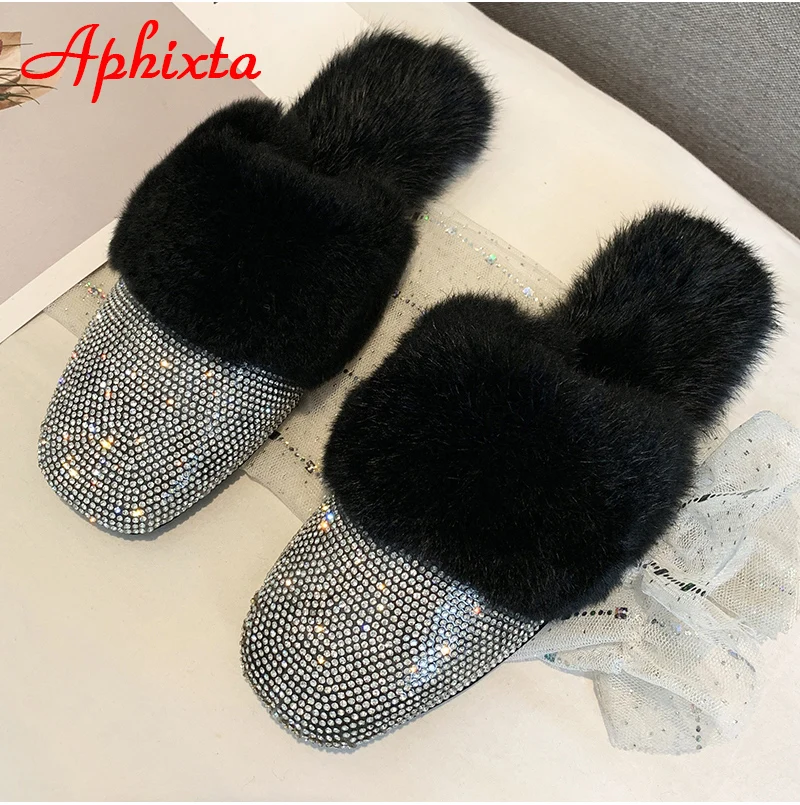 Aphixta/теплые зимние тапочки на натуральном меху; женские шлепанцы с украшением в виде кристаллов; женские пушистые тапочки; женская обувь на плоской подошве с кроличьим мехом