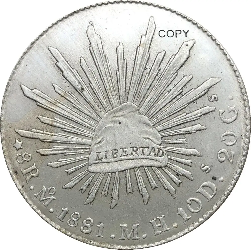 

Мексика Республика мехикана 1881 8 Reales Libertad Орел Змея Посеребренная копия монет