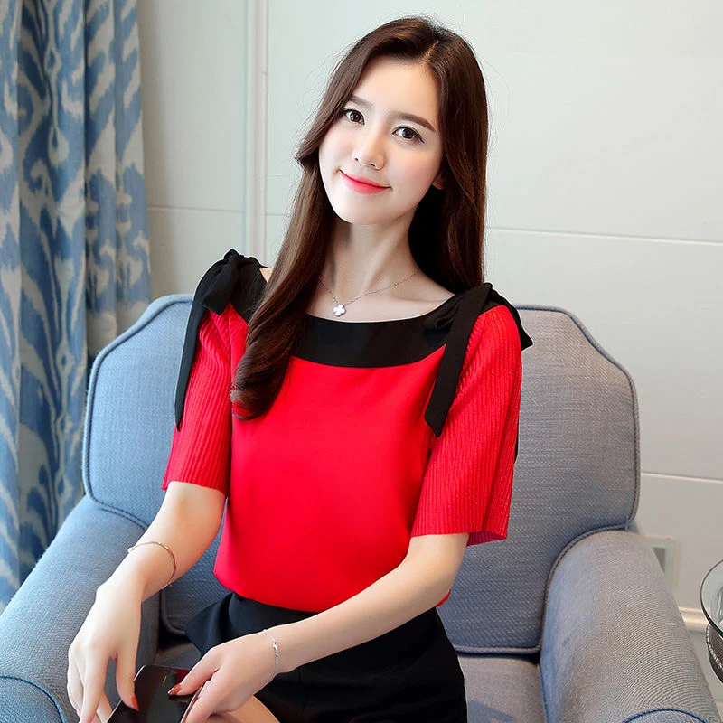 

Женские весенне-летние стильные шифоновые Женские Блузки Рубашки повседневные с коротким рукавом и вырезом лодочкой белые бежные красные ...