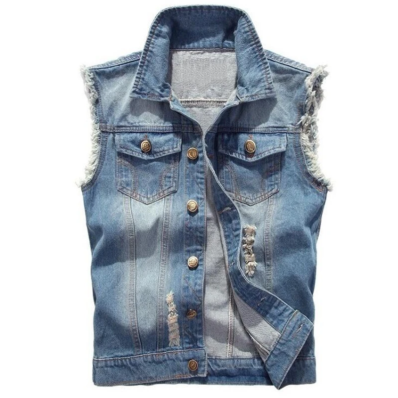 

Men's sleeveless denim jacket, fashion torn cotton vest, casual denim vest, hip hop clothing.