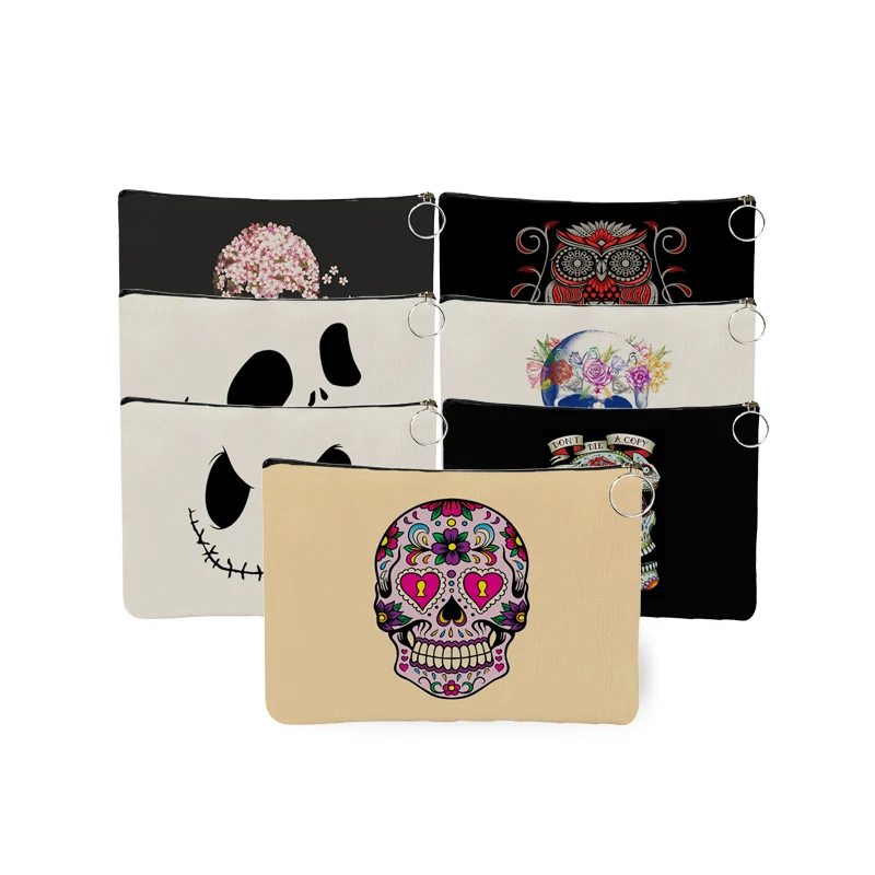 Холщовый чехол для косметики с цветочным принтом и черепом, Женская дорожная косметичка для туалетных принадлежностей, сумка-клатч, сумочка, кошельки для подарка на Хеллоуин