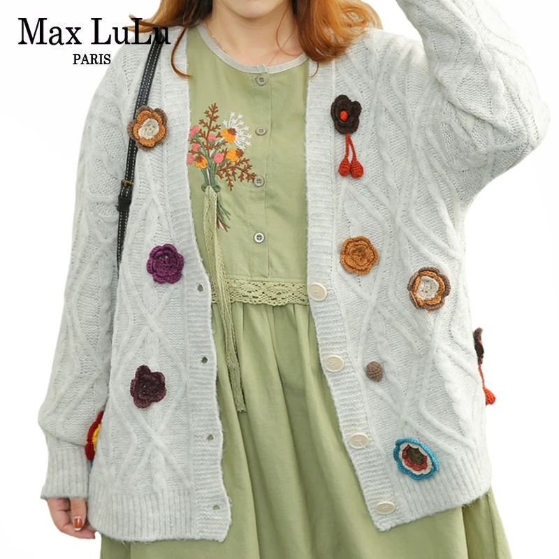 

Max LuLu 2021 Autumn Korean Fashion Women Floral V-Neck Cardigans Ladies Vintage Loose Sweaters Buttons Casual Elegant Clothes