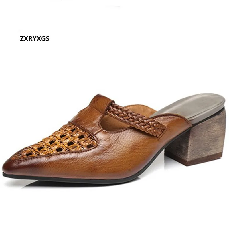 

2020 Summer Hollow Top Cowhide Leather Slippers Classic Retro Pointed Sandals Comfort Elegant High Heeled Slippers Women Sandals