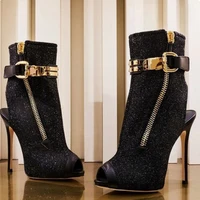 Fashion Women Gold Sheet Buckle Slingback Ankle Boots Woman Bling Sequins Cloth Gladiator Peep Toe Thin High Heels Short Boots