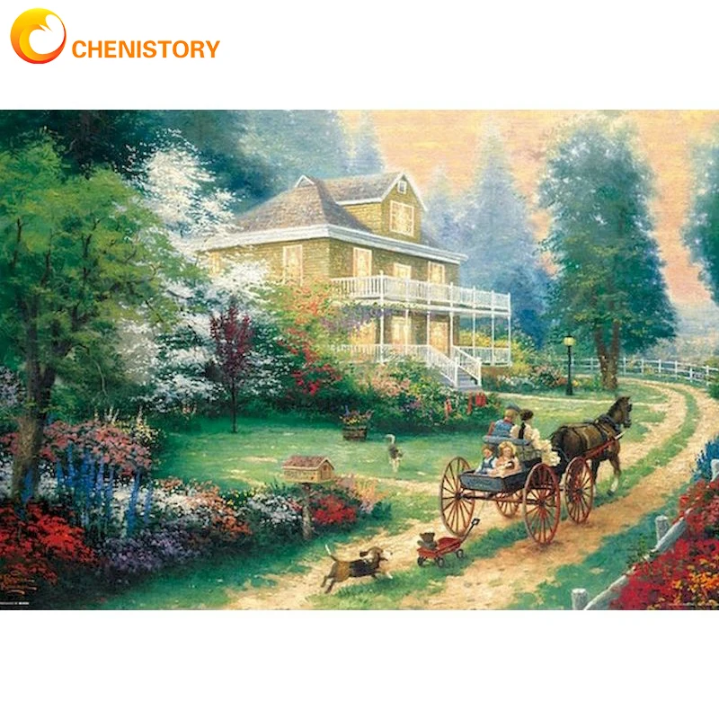 

CHENISTORY 5D DIY Diamond Embroidery Carriage Wall Art Diamond Painting Full Square Round Secnery Picture Rhinestone Villa Decor