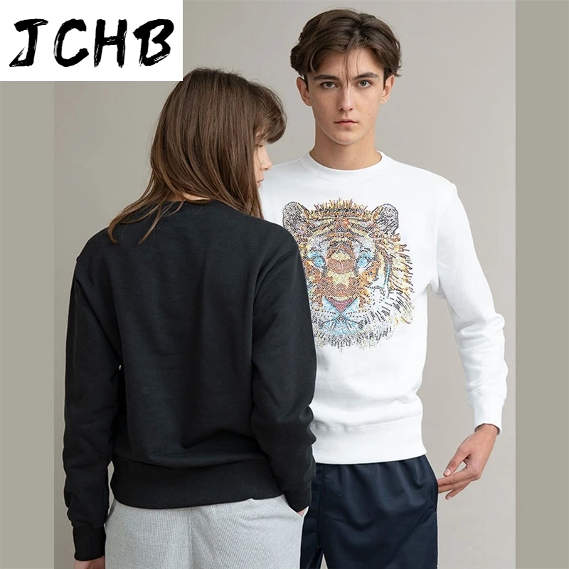 

Spring 2021 autumn men's round neck sweatershirt male thicken hot-rolled tiger head fashion warm pullover Diamonds men's hoody