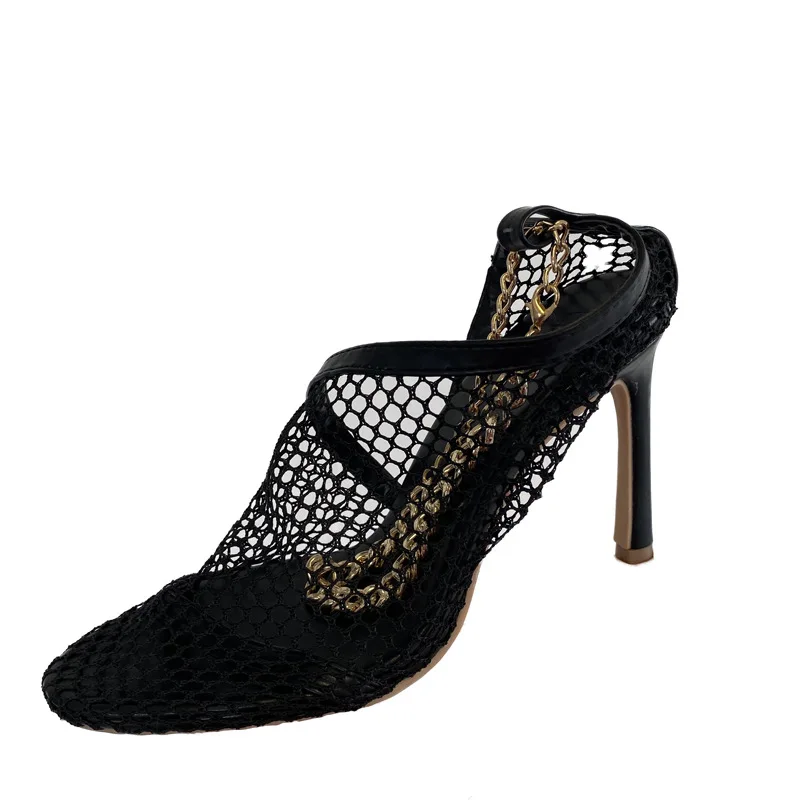 

2020 summer new hollow mesh high heels thin heel sexy metal chain single shoes pointed women's shoes sandals summer boots