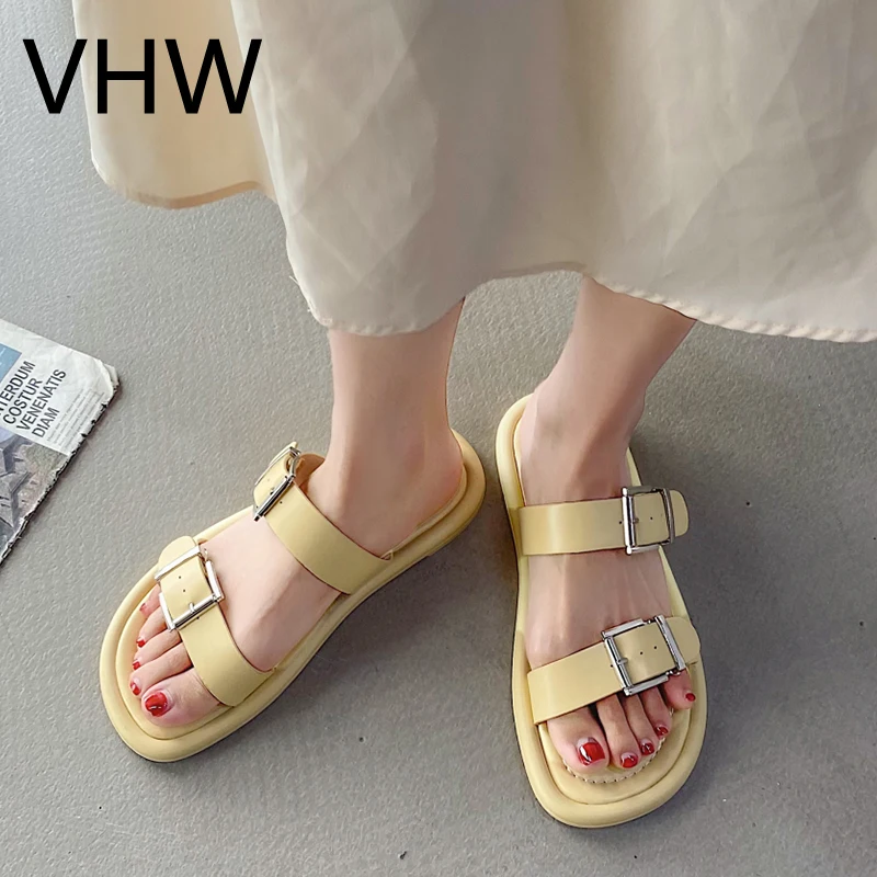 

Women Slippers 2021 Summer Brand Square Toe Flat Casual Beach Slides Leather Flip Flops New Fashion Women Buckle Strap Shoes