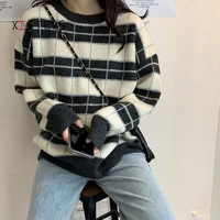 plaid knitted women sweaters loose casual female o neck pullovers 2021 autumn winter knitwear ladies jumpers red grey tops
