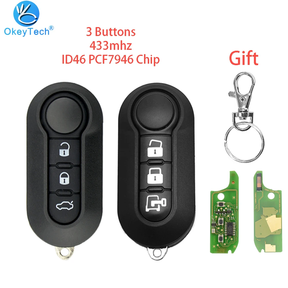 

OkeyTech 3 Buttons For Fiat 500 500L Punto Florino Doblo Qubo 433mhz ID46 PCF7946 Chip Folding Flip Remote Car Key Uncut Blade