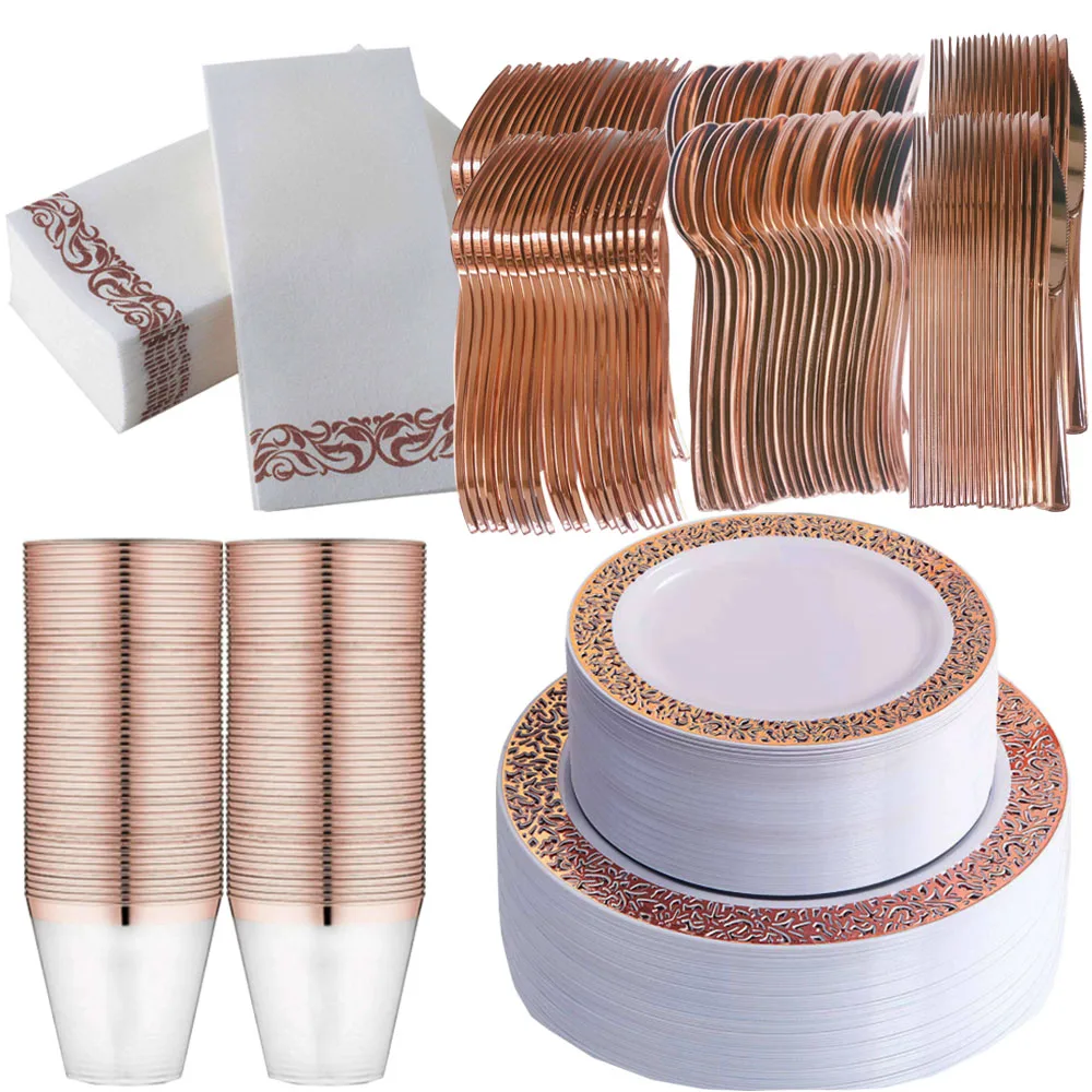 

350 Pieces Rose Gold Silver Coated Rim Disposable Dinnerware Set 50 Guests, Inc. Plastic Cups Plate Forks Knives Spoons Napkins