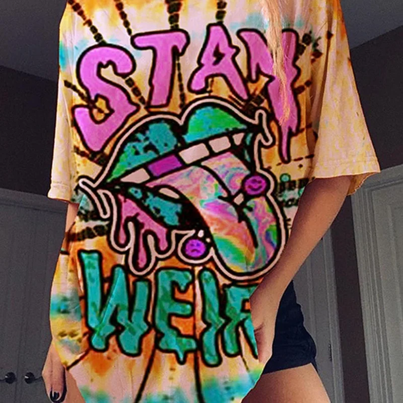 

Funny Lips Letter Graphic Tee Print Street Style Loose Woman Tshirts Y2k Top Short Sleeve Casual Tops Summer Plus Size Fashion