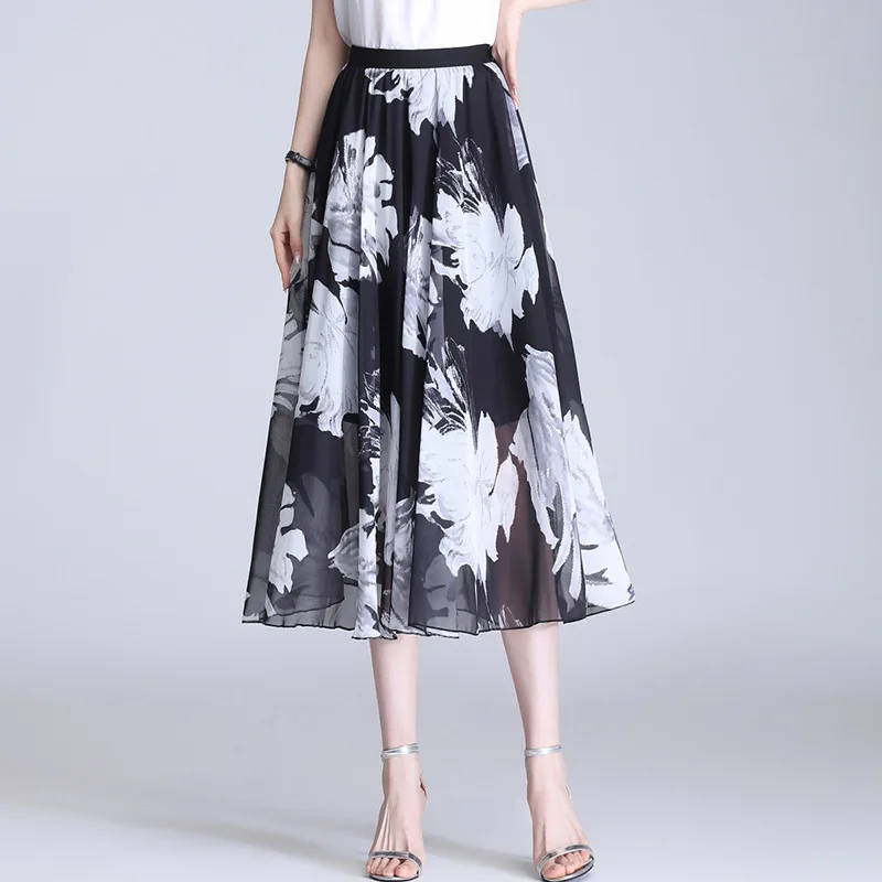 

Print A-line Long Skirts for Women 2021 Summer Vintage Elegant Loose Casual Chiffon Floral High Waist Woman Skirt