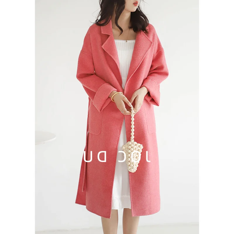 

Shzq кашемировое пальто, женское двухстороннее твидовое длинное пальто из 100% шерсти, облегающее новое зимнее твидовое пальто 2021 года