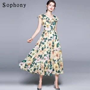 Sophony 2021 Summer Designer Vacation Dress Women's V-Neck Ruffles Fashion Yellow Camellia Print A-Line Long Dress S78677