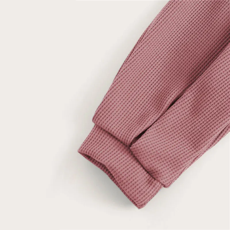 ROMWE V шеи Drawstring Передняя футболка осенняя одежда для женщин Повседневная короткий топ с длинными рукавами осенние однотонные женские топы одежда