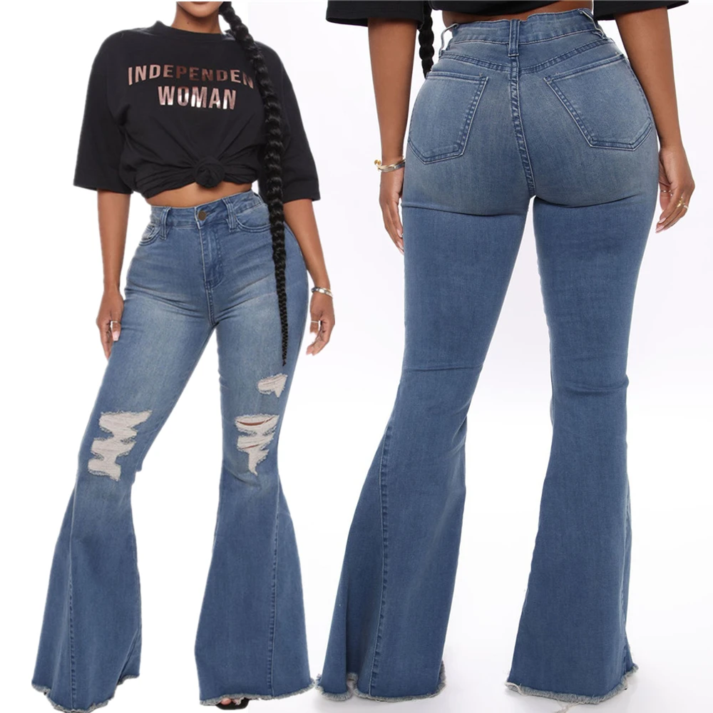 

Tmustobe Ripped Jeans Women Sexy Casual High Waist Flare Denim Pants With Pockets Summer Streetwear Slim Wide Leg Trousers