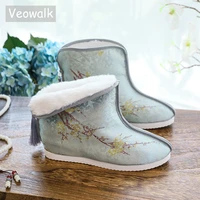 veowalk winter warm fur lined women cotton fabric short ankle boots with tassel plum embroidered booties shoes green gold