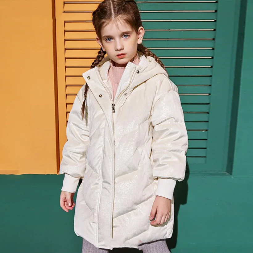 

Winter New Children Glossy Windproof Down Coat Oversize Hooded Thicker Warm Outerwear 90% White Duck Down Jackets For Girls A909