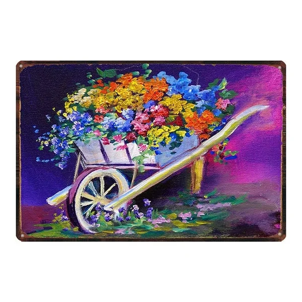 

vintage metal sign tin sign garden beautiful flowers Wooden cart home bar garden restaurant wall decor sign 12x8inch