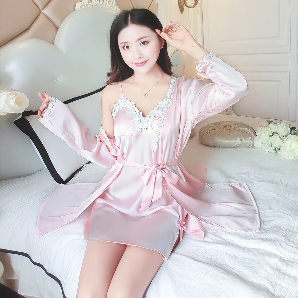 Women Silk Kimono Sexy Satin Bathrobe Knee Length Solid Bridesmaid Bath Robe Bride Dressing Gown for Wedding Two Piece Sleepwear | Женская