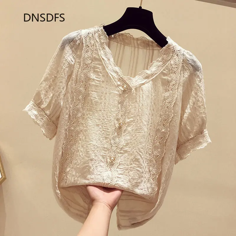 

Sweet Lace Shirt Women Short-sleeve 2021 Summer Top Korean Button Up Shirt Office Casual V-neck Chiffon Blouse Women Blusa Mujer