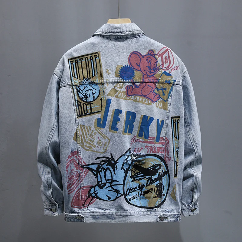 

New Men's Personality Beggar Ripped Graffiti Print Denim Jacket Fashion Loose Hip-hop High Street Style Denim Jacket Coat XL