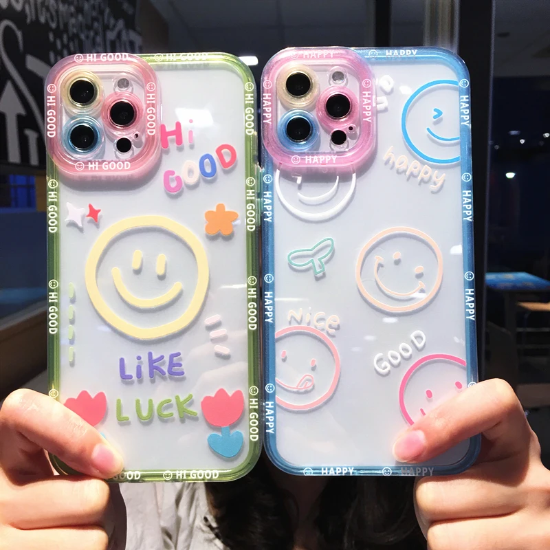 Cute Cartoon Smile Flower Clear Phone Case For iPhone 14 Pro Max 13 12 11 X XS XR 7 8 Plus Couple Transparent Shockproof Cover