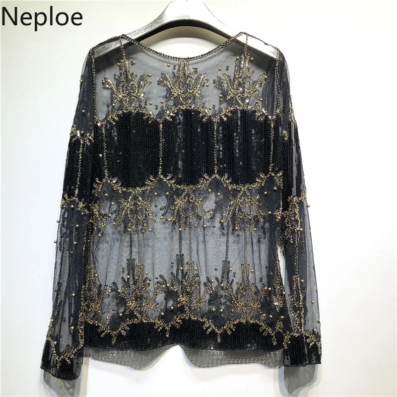 Neploe Корейская тяжелая работа перспектива украшенный блестками и бисером рубашка