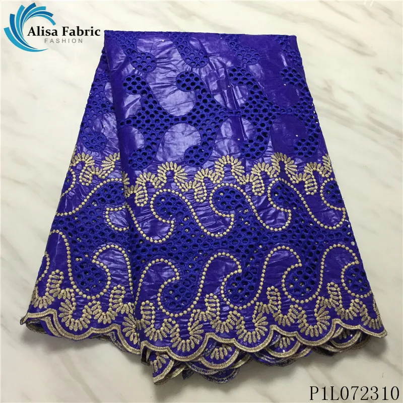 

Alisa royal blue african bazin riche lace embroidery swiss 100% cotton fabric with stones 5 yards french circular punch design