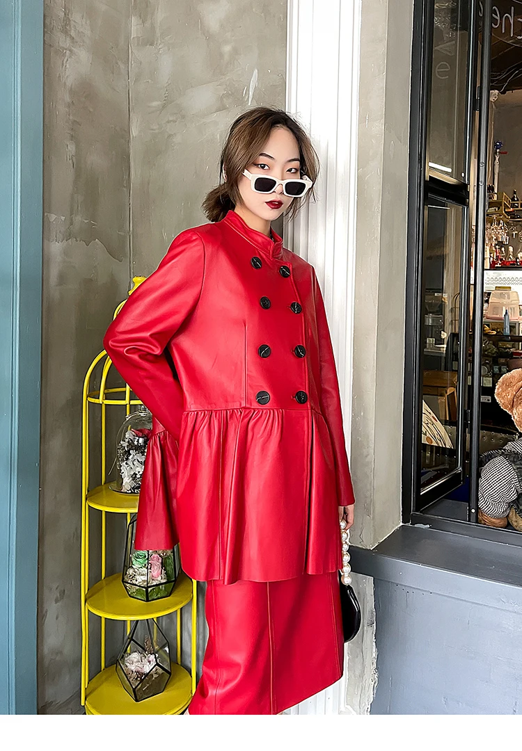 Autumn  Korean Style Women's High Quality Double-breasted Stand Collar Genuine Leather Coat C417