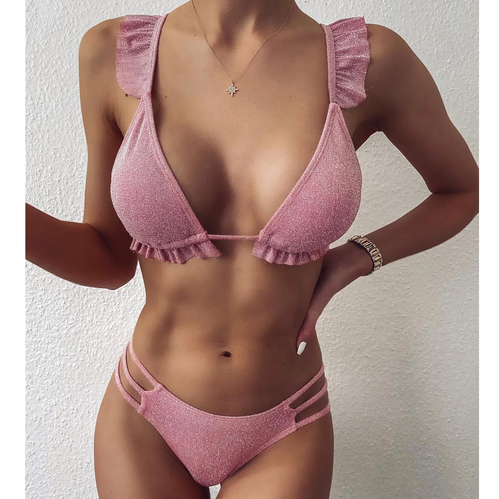 Женский однотонный кружевной комплект бикини купальник пуш ап пляжная одежда