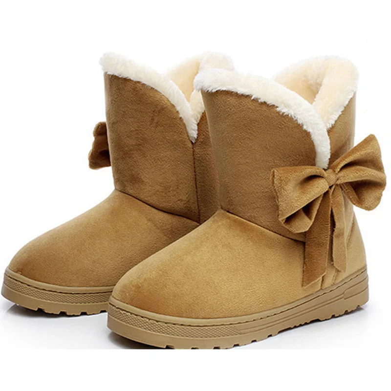 

Women's snow boots, warm informal shoes to ankle skin, bow tie, non slip suede, flat shoes without shoelaces