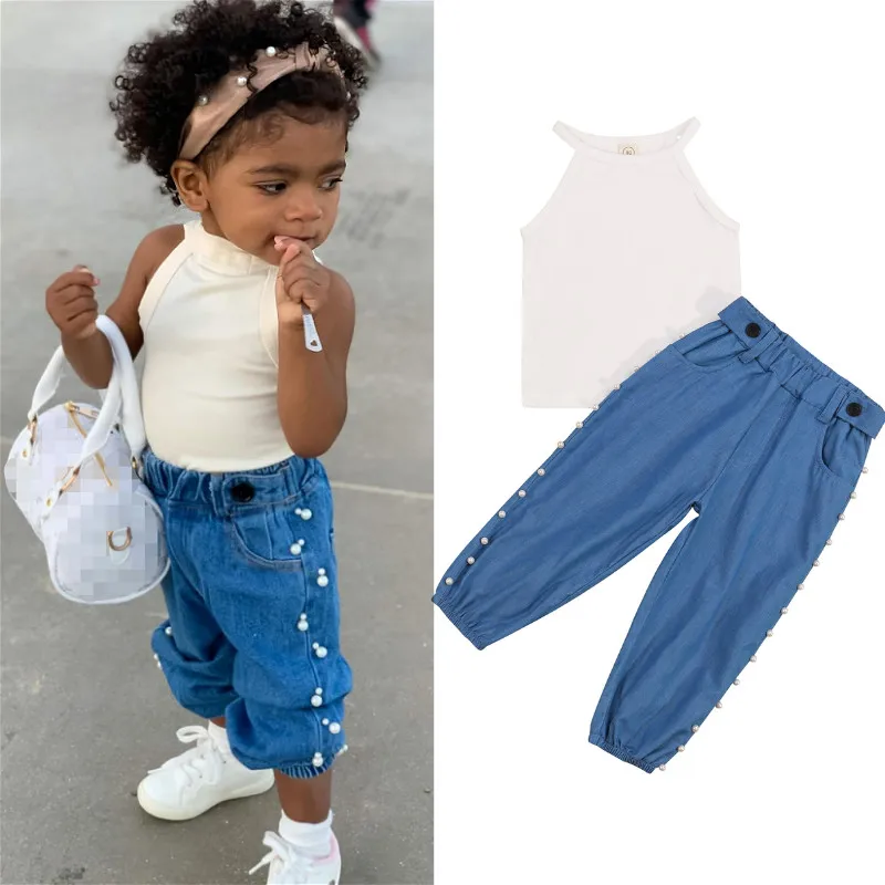 

2Pcs Kids Summer Tracksuit, Solid Color O-Neck Tank Tops + Beading High-Waist Loose Pants for Girls, 1-6 Years