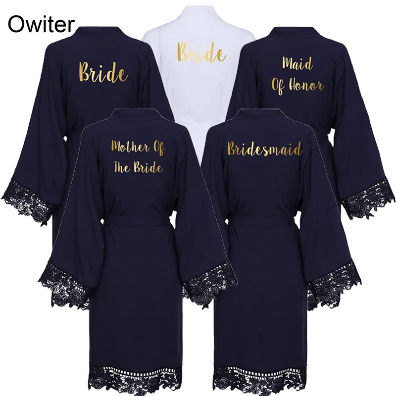 

Owiter 2019 Navy Solid Cotton Kimono Robes w/ Lace Trim Women Wedding Bride Short Robe Bathrobe Sleepwear White Bridesmaid Gown