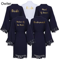 owiter 2019 navy solid cotton kimono robes w lace trim women wedding bride short robe bathrobe sleepwear white bridesmaid gown