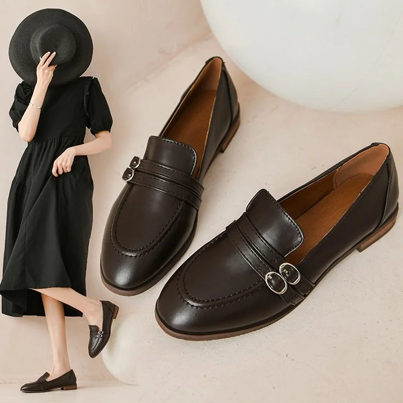 

British style small leather shoes soft sole single shoes square toe flat bottom 2021 autumn new retro casual women's shoes PU