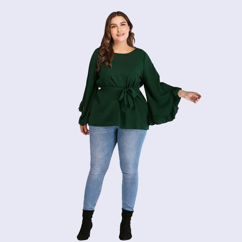 new autumn winter plus size tops for women long sleeve large cotton O neck casual loose T shirt belt green 4XL 5XL 6XL 7XL
