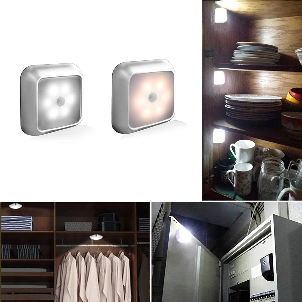 6 светодиодов ПИР шкаф светильник для лестницы прихожей серебряный корпус ночная