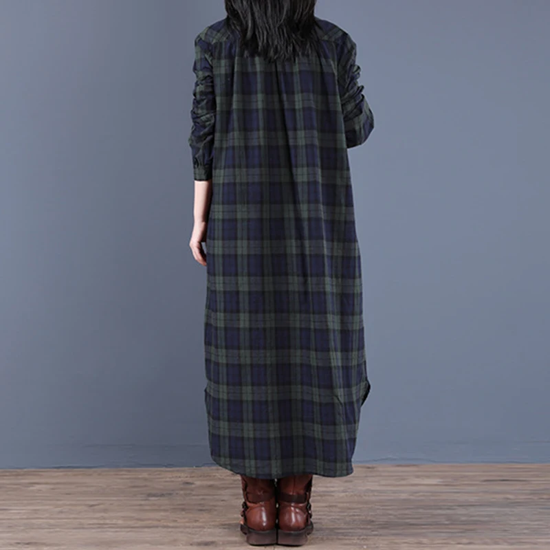 

Dress For New Year 2022 Spring Autumn Literary Plaid Maxi Dresses Female Loose Vintage Turn-Down Collar Shirt Dress
