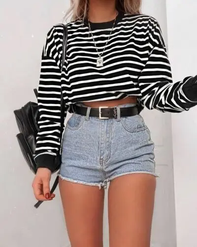 

Womens Casual Long Sleeve Short Crop Tops Striped Blouse Outfits Clothes S-XL