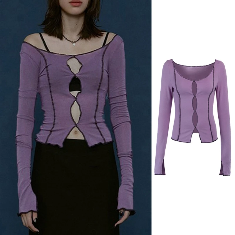 

2021 New Women Long Sleeve Off Shoulder T-Shirt Sexy Hollow Out Slit Hem Slim Crop Top