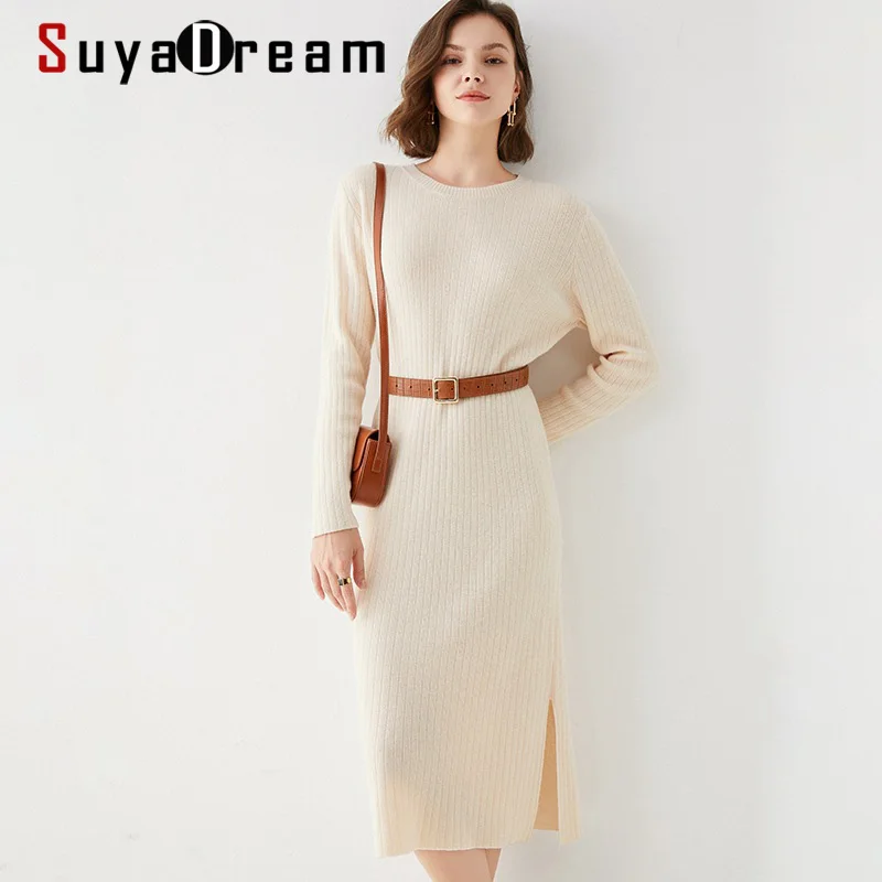 

SuyaDream 2021 зимние платья 100% шерсть круглый воротник Длинные пуловеры 2021 осень зима свитера для женщин бежевый хаки