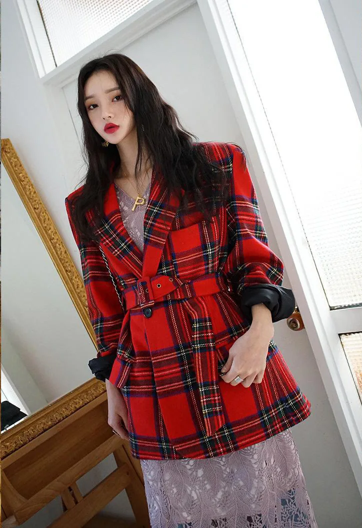 Red Big Plaid Women Blazer Pockets Jackets Female Retro Suits Coat Feminino blazers Outerwear high quality | Женская одежда