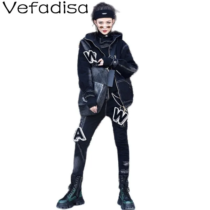 

Vefadisa Loose Padded Hooded Denim Jacket Denim Harem Pants Street Style Plus Velvet Thick Black Denim Suit Women TT770