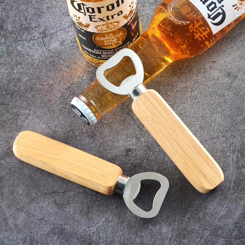 

Portable Stainless Steel Bottle Opener Wood Handle Drink Cap Lid Beer Bottle Opener Easy to Carry Launcher Kitchen Gadget Tools