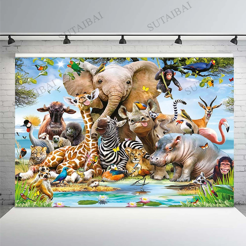

Animal Party Backdrop Photography Studio Lotus Pond Forest Adventure Elephant Tiger Baby Photocall Background Photo Booth