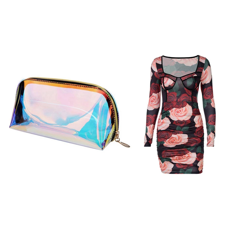

1PC Women Makeup Case TPU Beauty Organizer with Long Sleeve Square Collar Patchwork Floral Print Mesh Mini Dress S