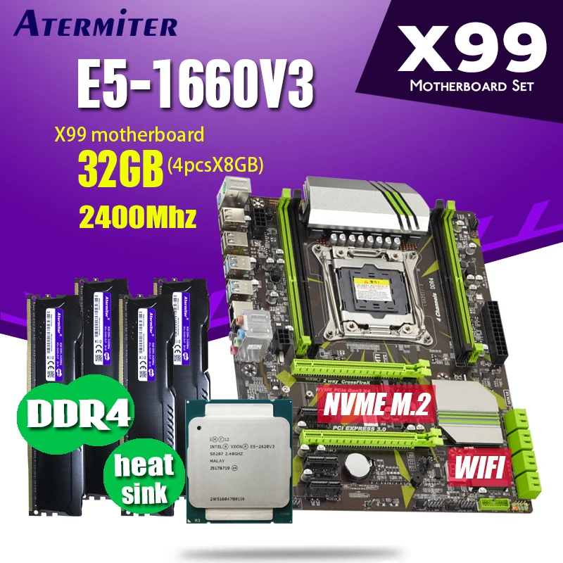 Atermiter X99 материнская плата ЦПУ процессор ОЗУ набор с Xeon E5 1660 V3 4 шт. * 8 ГБ = 32 Гб 2400 МГц