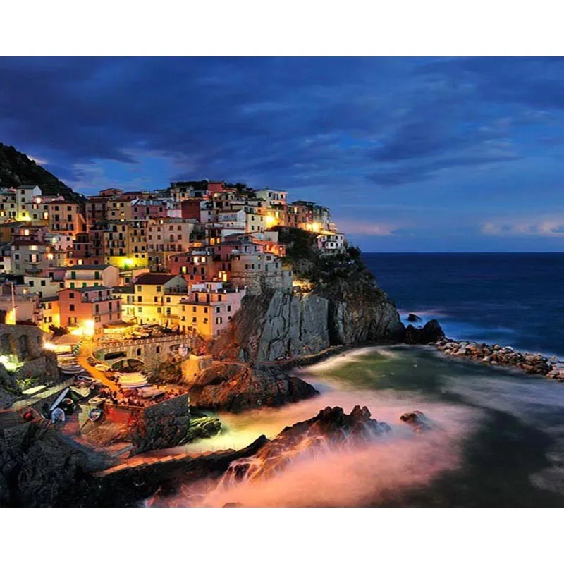 

Oil Painting By Number Seaside City Landscape Drawing DIY Kits 40x50 Frame On Canvas Night Coloring Picture Home Decor Wall Art